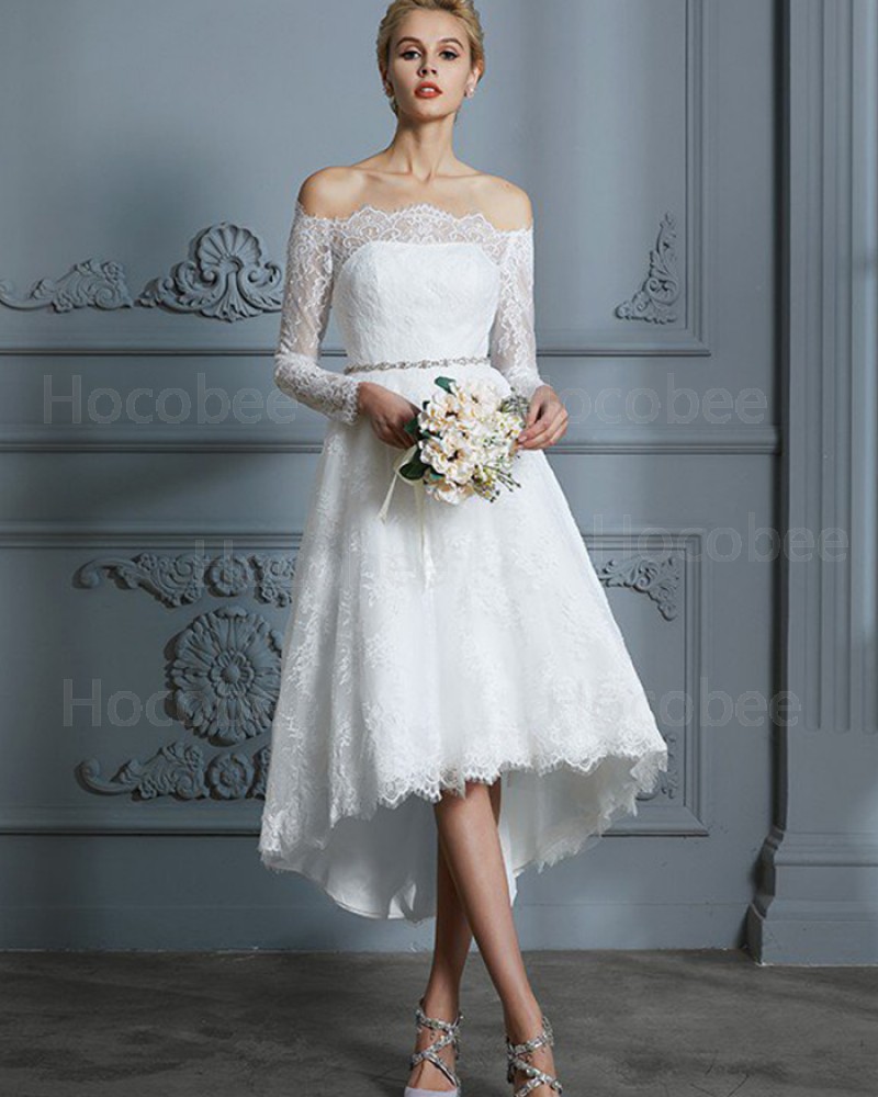 Ivory Off the Shoulder High Low Lace Wedding Dress with Long Sleeves WD2030