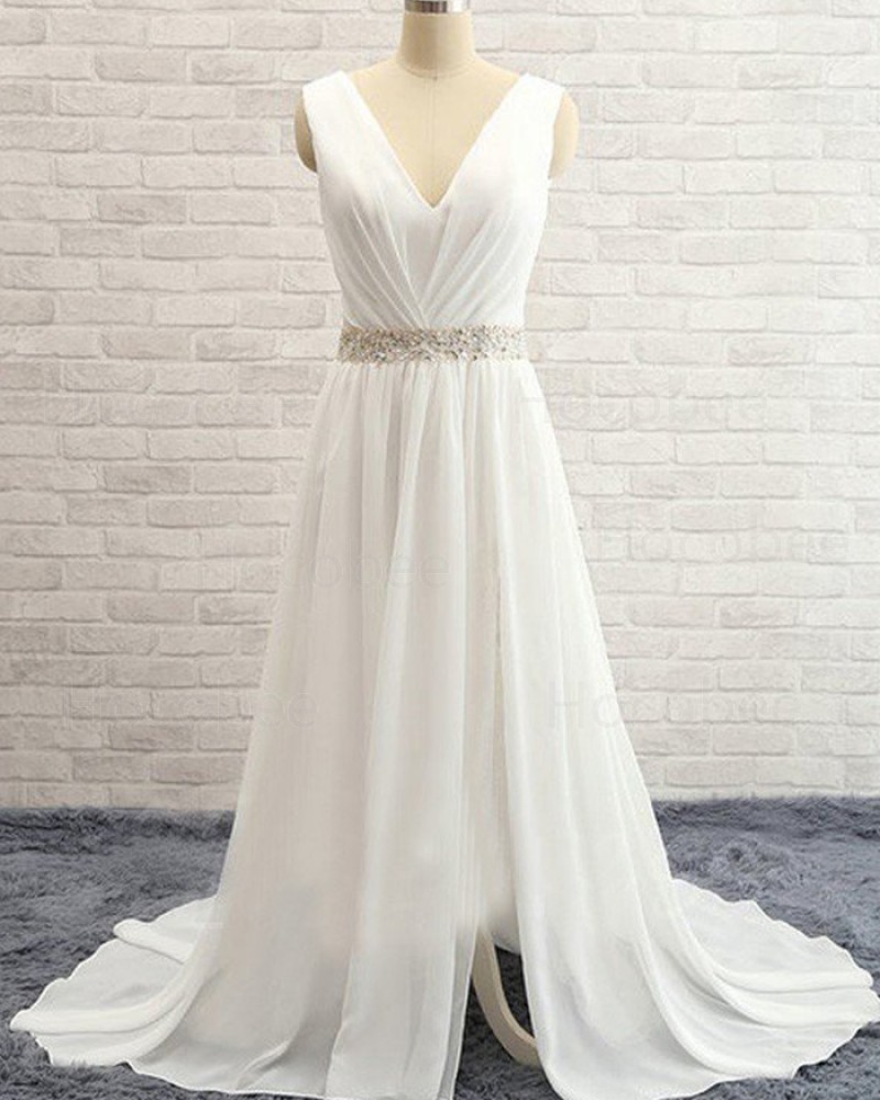 V-neck Ruched Beading Ivory Simple Chiffon Wedding Dress with Side Slit WD2031