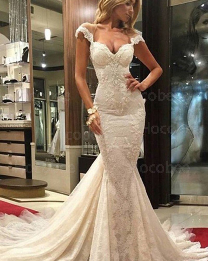 Square Lace Ivory Mermaid Wedding Dress with Court Train WD2037