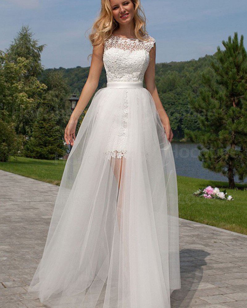 White Jewel Lace Short Wedding Dress with Detachable Skirt WD2042
