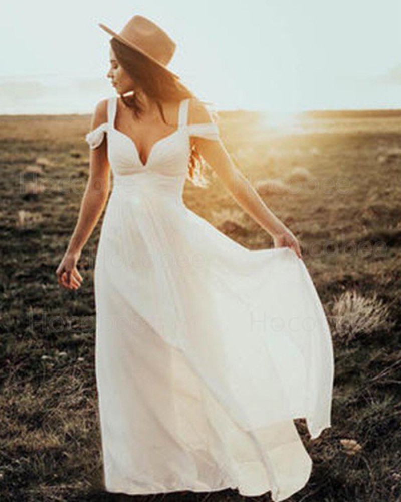 Ivory Sheath Pleated Cold Shoulder Chiffon Beach Wedding Dress WD2048
