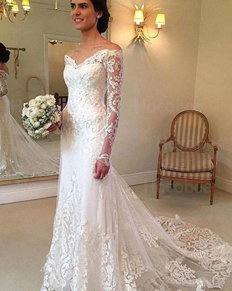 White Tulle Off the Shoulder Lace Appliqued Mermaid Wedding Dress with Long Sleeves WD2049