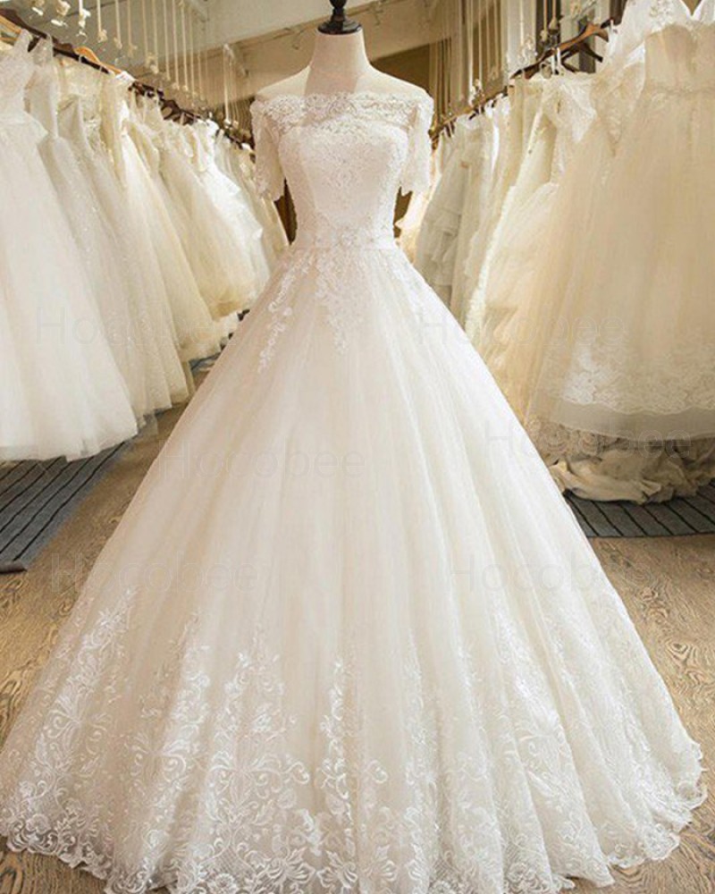 Pleated Off the Shoulder Lace Appliqued Ivory Wedding Gown with Short Sleeves WD2053