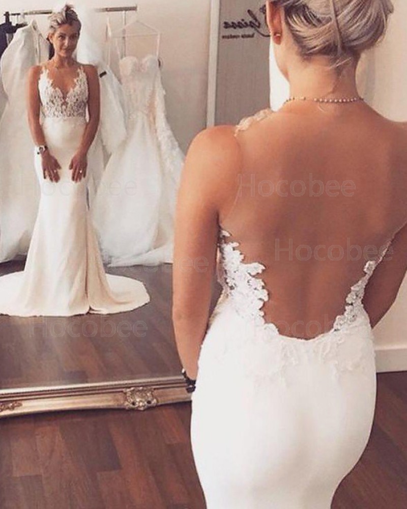 Sheer Lace Appliqued Bodice White Mermaid Wedding Dress WD2062
