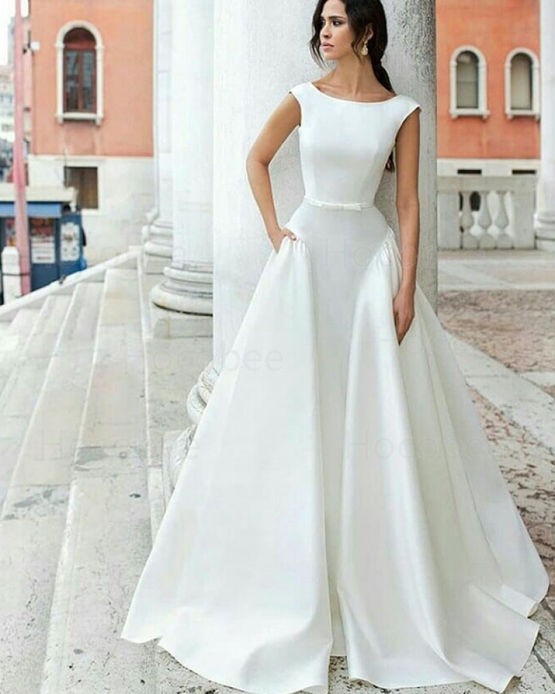 A-line Satin Simple Jewel White Wedding Dress with Pockets WD2087