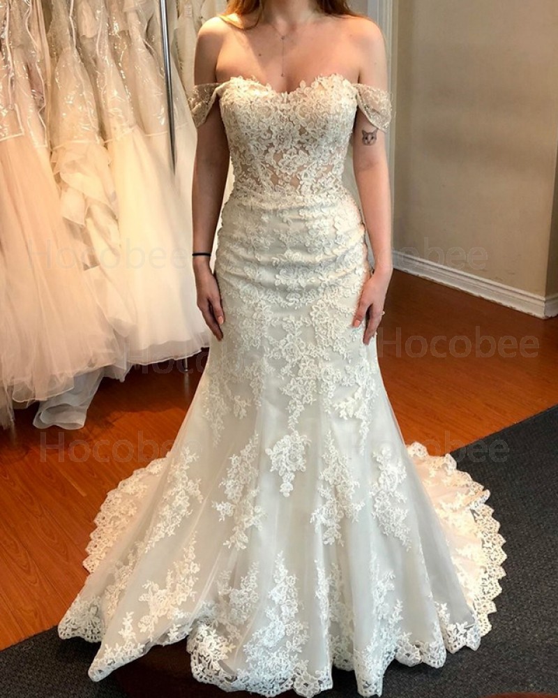 Lace Appliqued Off the Shoulder Ivory Mermaid Wedding Dress WD2093