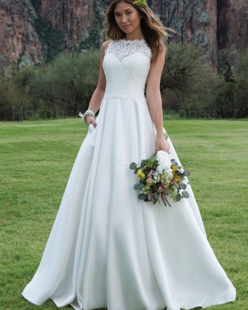 A-line Lace Bodice White Jewel Satin Fall Wedding Dress with Pockets WD2095