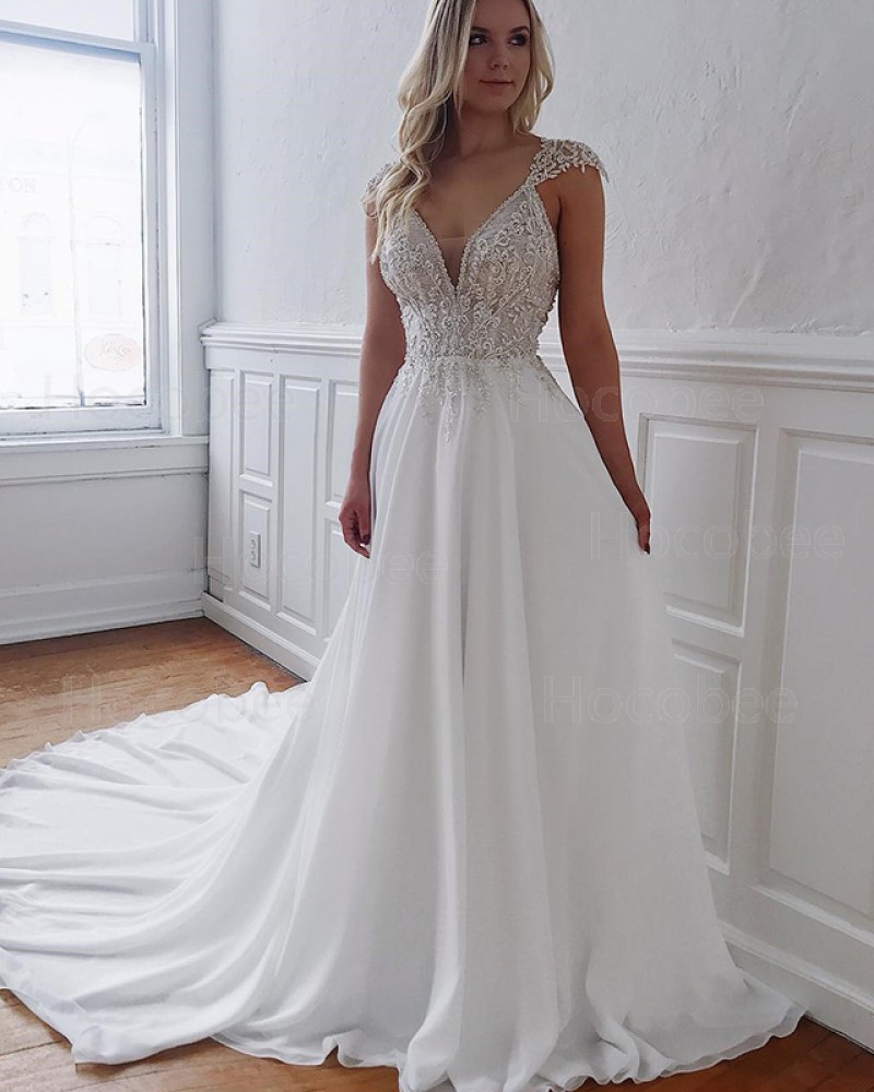 White V-neck A-line Lace Bodice Wedding Dress with Chapel Train WD2103