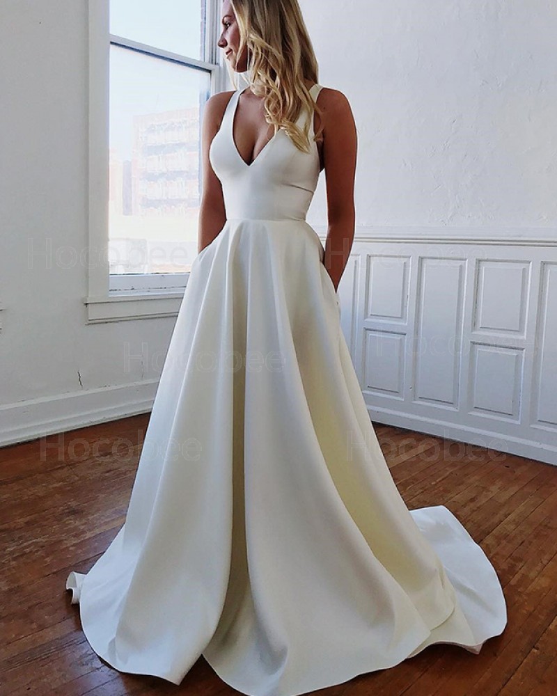 Simple V-neck Satin Pleated Fall Wedding Dress with Pockets WD2108