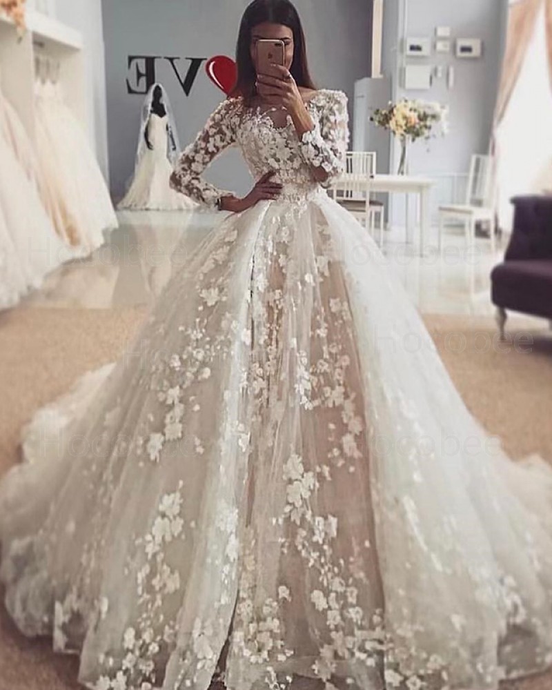 Elegant Ivory Jewel 3D Flowers Long Sleeve Wedding Dress with Detachable Skirt WD2110