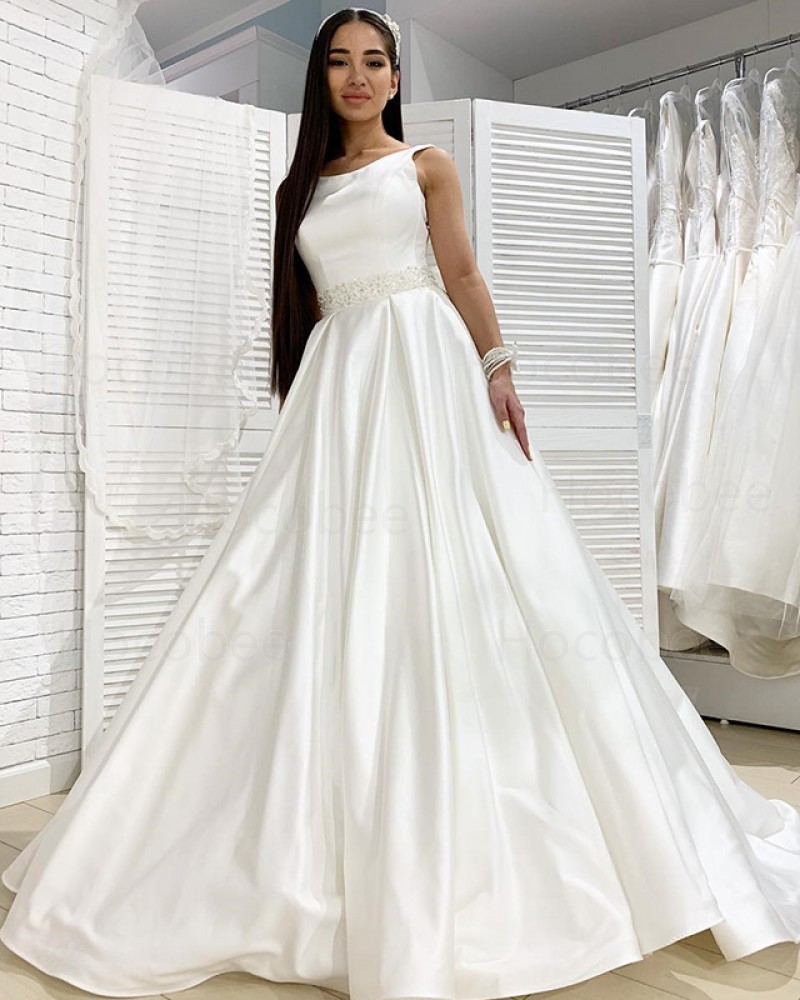 Simple Jewel Satin White Fall Wedding Dress with Beading Belt WD2111