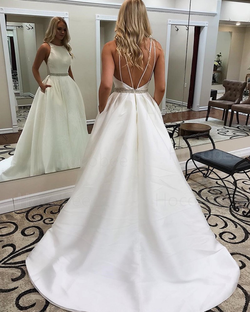 Simple Jewel White Satin A-line Fall Wedding Dress with Pockets WD2114