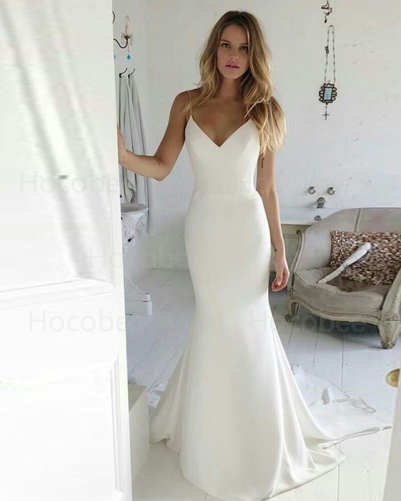 Satin Mermaid Spaghetti Straps Simple White Wedding Dress WD2117