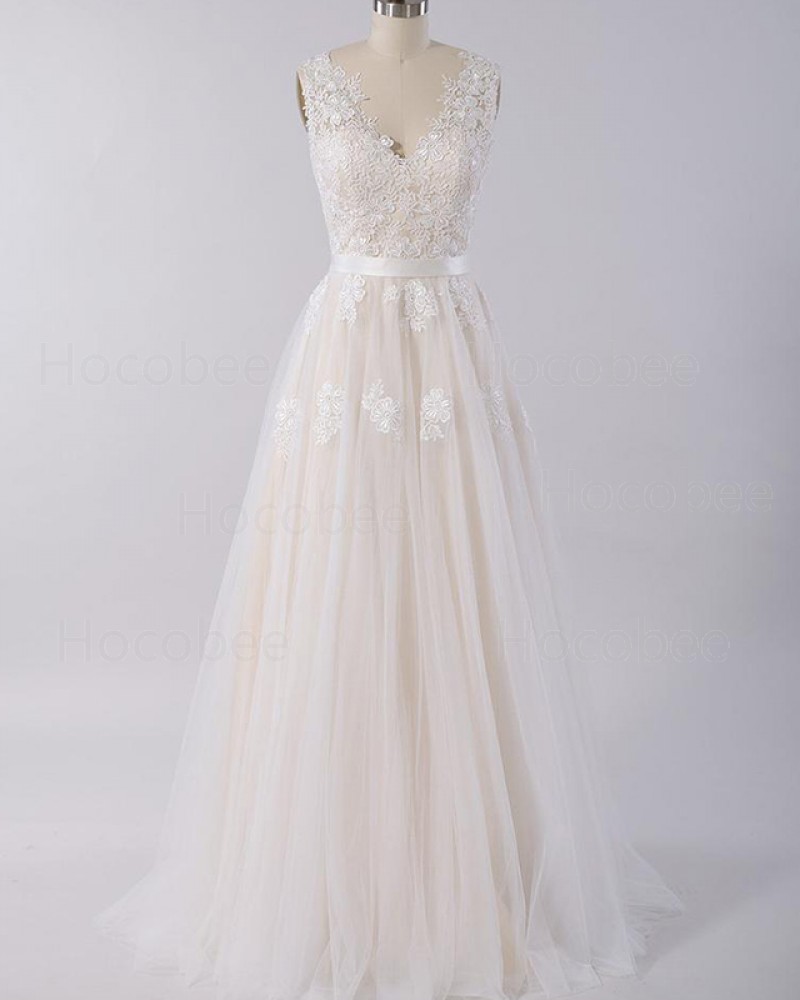Champagne Lace Appliqued V-neck A-line Tulle Wedding Dress WD2120