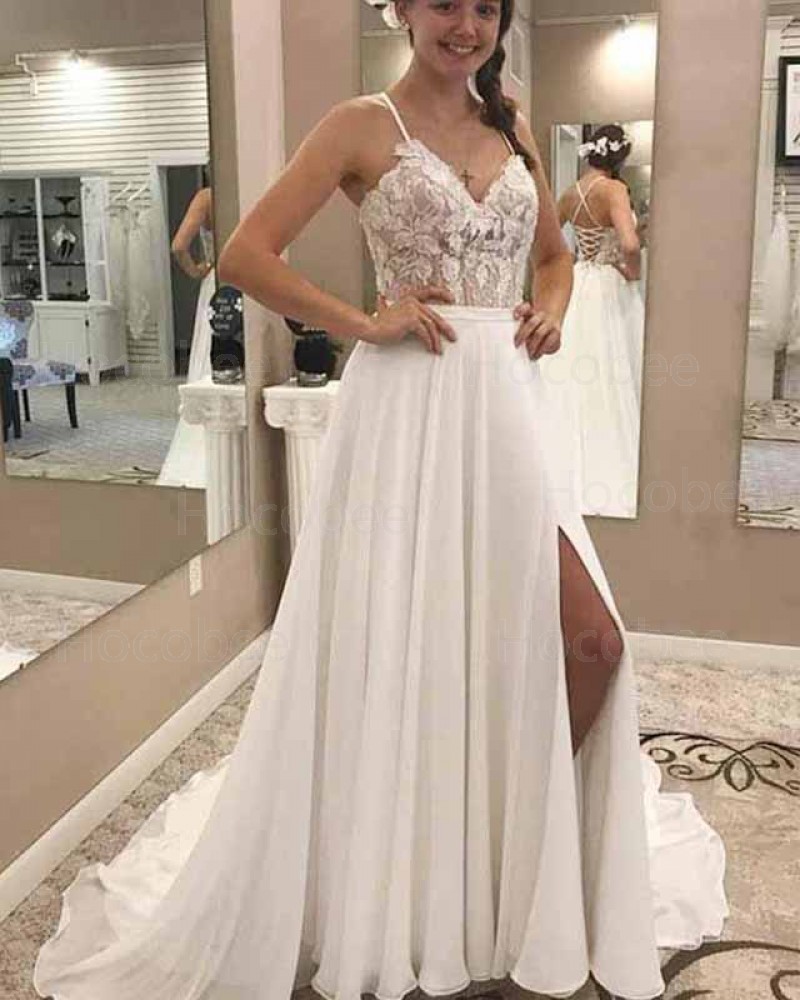 White Chiffon Lace Bodice Spaghetti Straps Wedding Dress with Side Slit WD2137