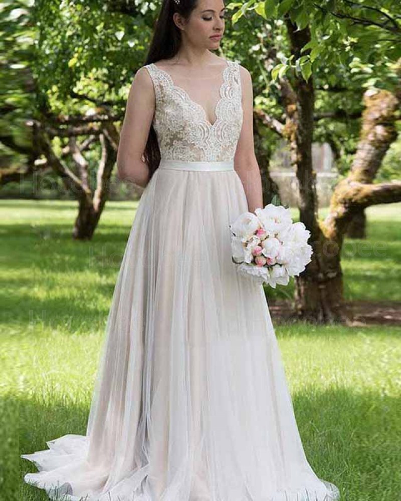 Pleated V-neck Lace Bodice Nude A-line Wedding Dress WD2140