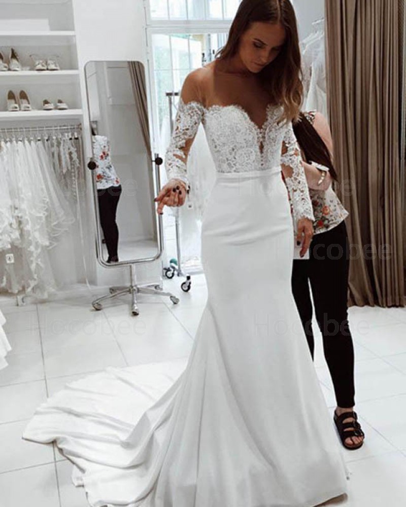 Mermaid Satin Lace Bodice Sheer Neck White Wedding Dress with Long Sleeves WD2141