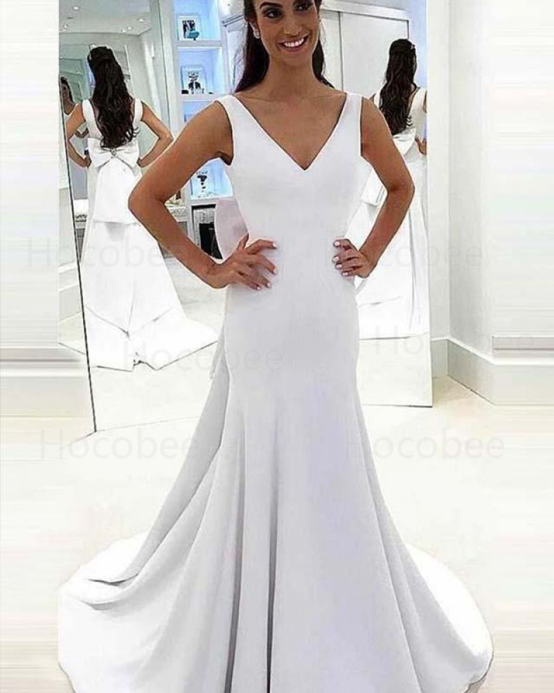 Satin Mermaid Simple V-neck White Wedding Dress with Bowknot WD2145