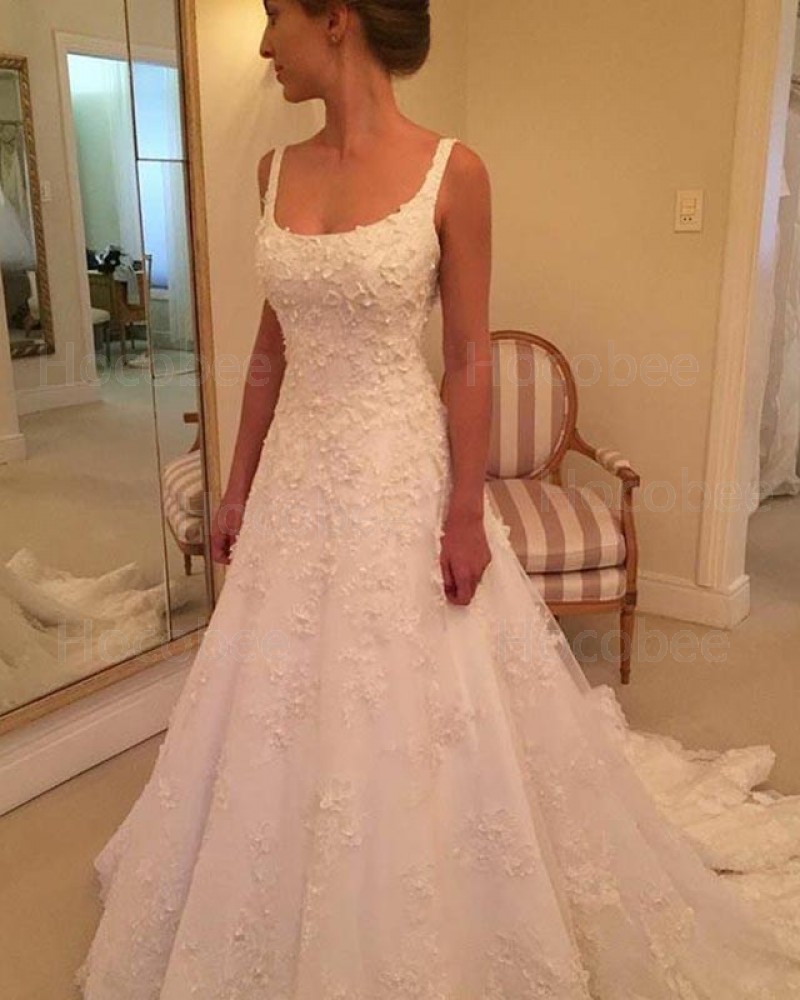 Gorgeous Appliqued Square 3D Flower White Wedding Dress WD2146