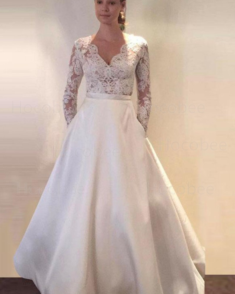 Ivory Long Sleeve V-neck Lace Bodice Satin Wedding Dress with Pockets WD2147
