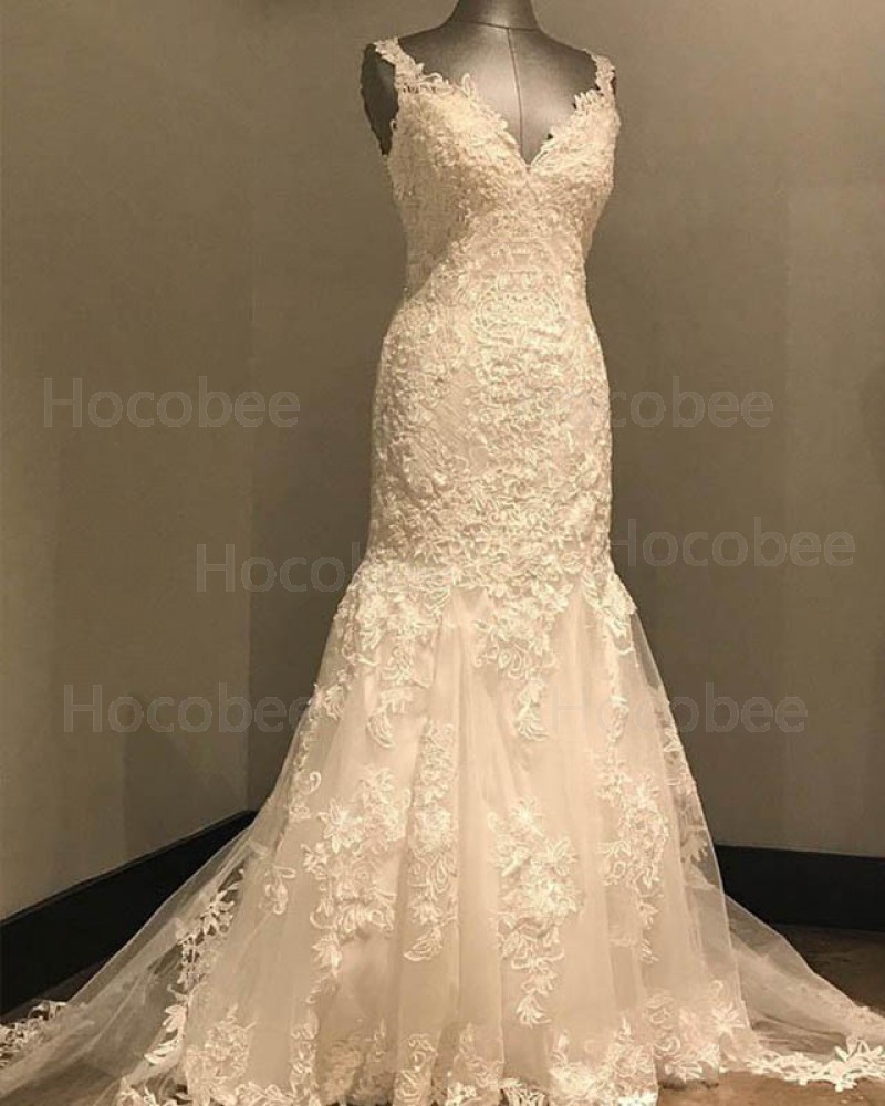 Elegant White V-neck Lace Mermaid Wedding Dress WD2148