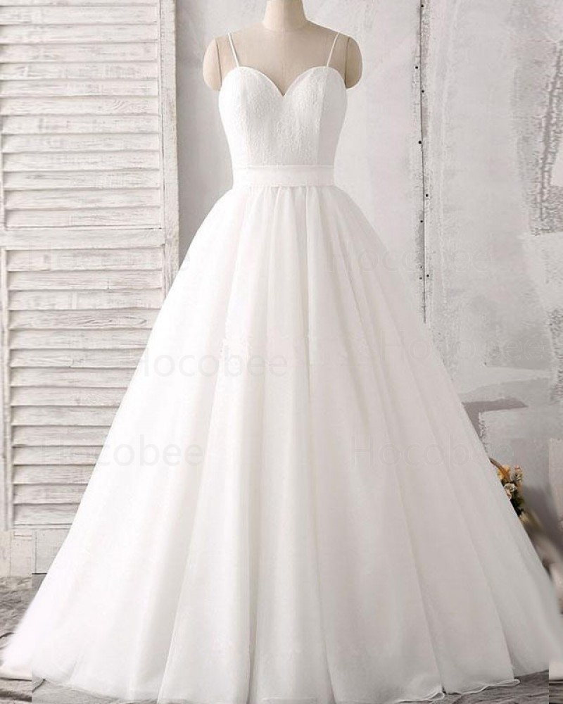 White Spaghetti Straps Pleated Lace Bodice Princess Wedding Dress WD2162