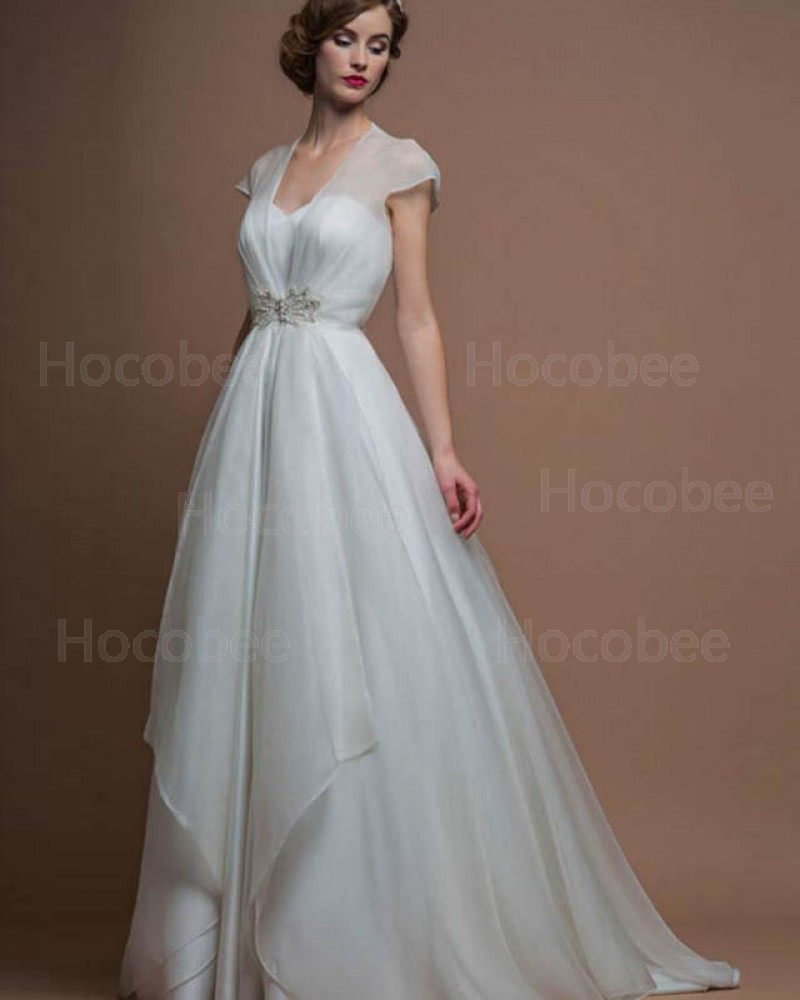 Queen Anne Tulle Pleated A-line Wedding Dress with Cap Sleeves WD2164