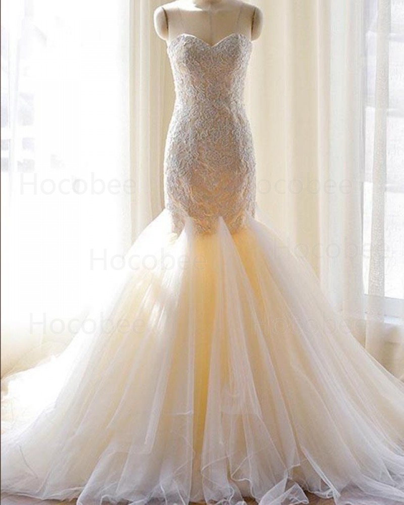 Lace Sweetheart Ruffle White Mermaid Wedding Dress WD2165