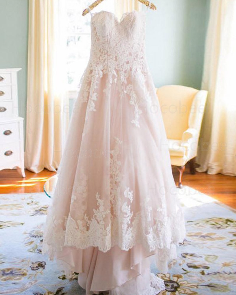 Lace Applique Spaghetti Straps Pink A-line Wedding Dress WD2173