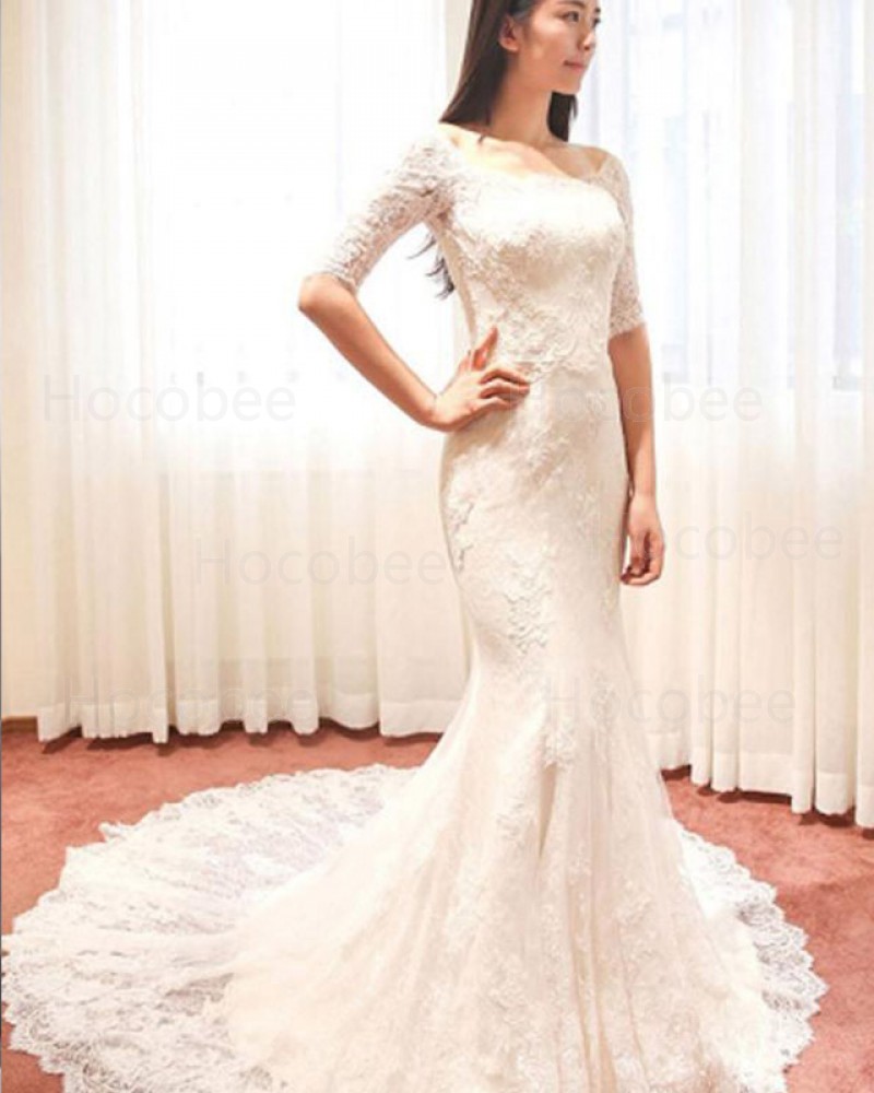Mermaid Scoop Lace Ivory Wedding Dress with Half Length Sleeves WD2175