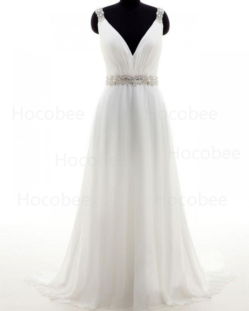 Ruched Ivory V-neck Tulle Simple Wedding Dress with Beading Belt WD2177