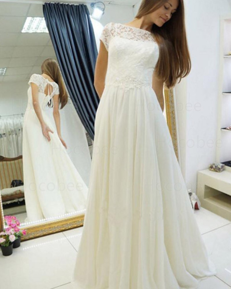Ivory Elegant Bateau Pleated Lace Bodice Wedding Dress WD2182