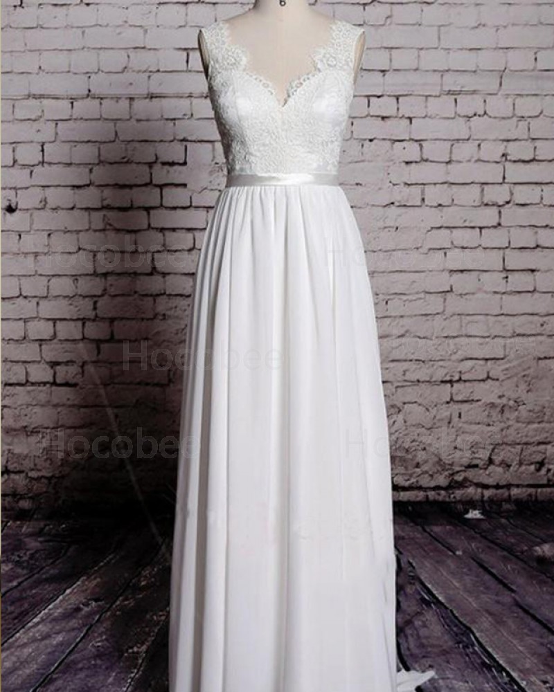 Pleated V-neck Lace Sheath White Wedding Dress WD2185