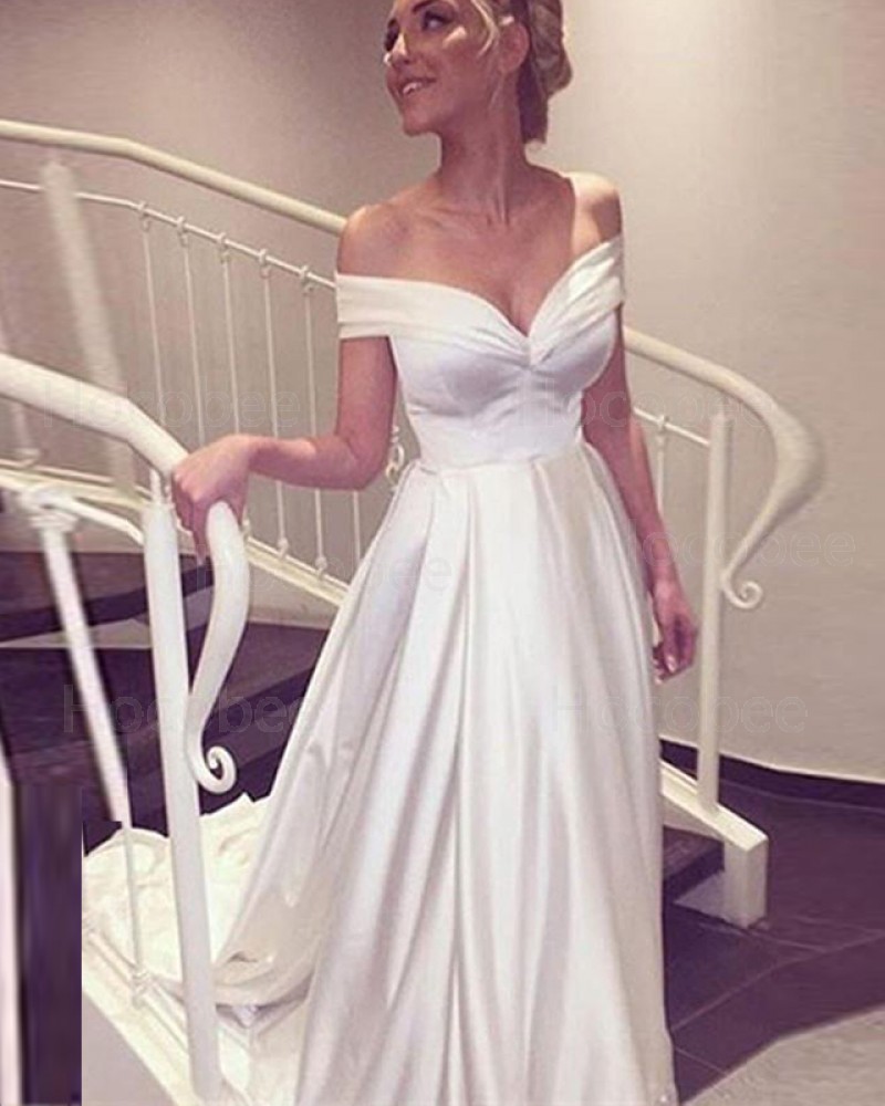 Satin Simple Off the Shoulder Ivory Wedding Dress WD2196