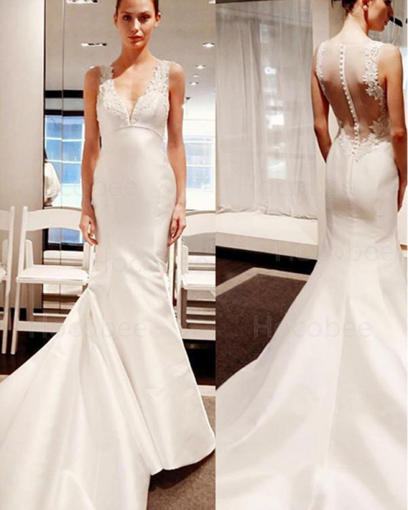 Applique Satin Ivory V-neck Mermaid Simple Wedding Dress WD2210