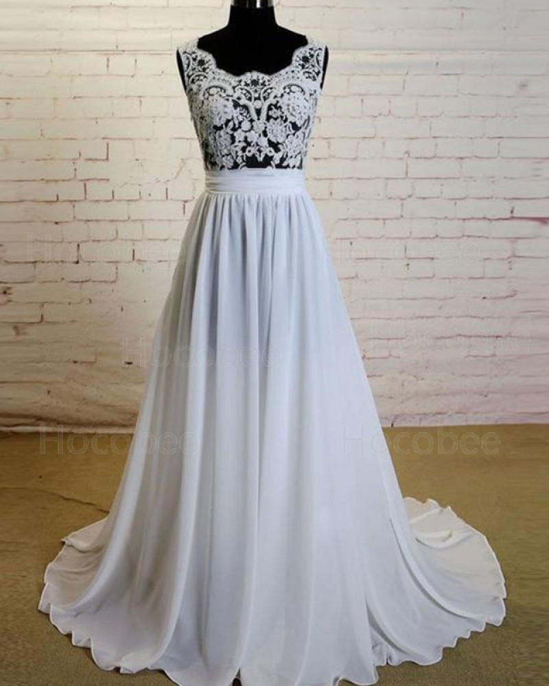 White Chiffon Elegant Lace Bodice Scoop Wedding Dress WD2218