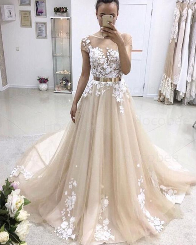 Pleated Jewel Champagne Lace Applique Wedding Dress with Short Sleeves WD2220