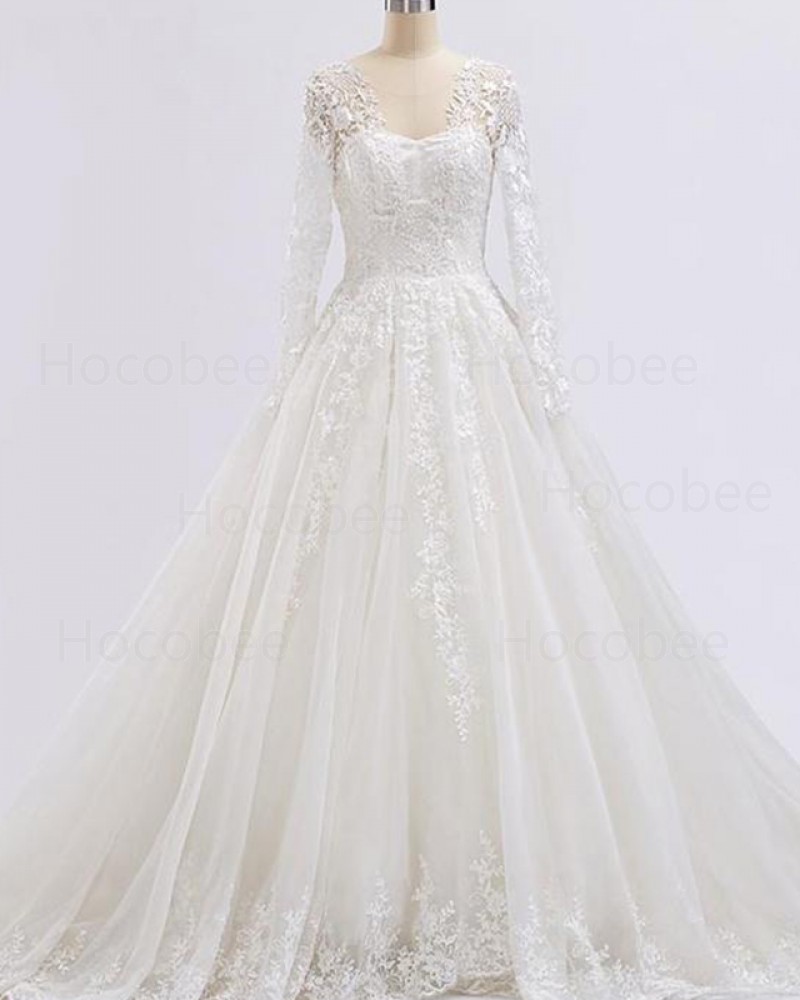Ivory A-line Lace Applique V-neck Wedding Dress with Long Sleeves WD2232