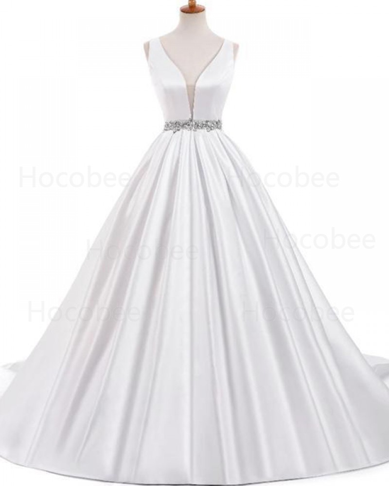 Pleated Deep V-neck Ivory Satin Wedding Dress with Beading Belt WD2234