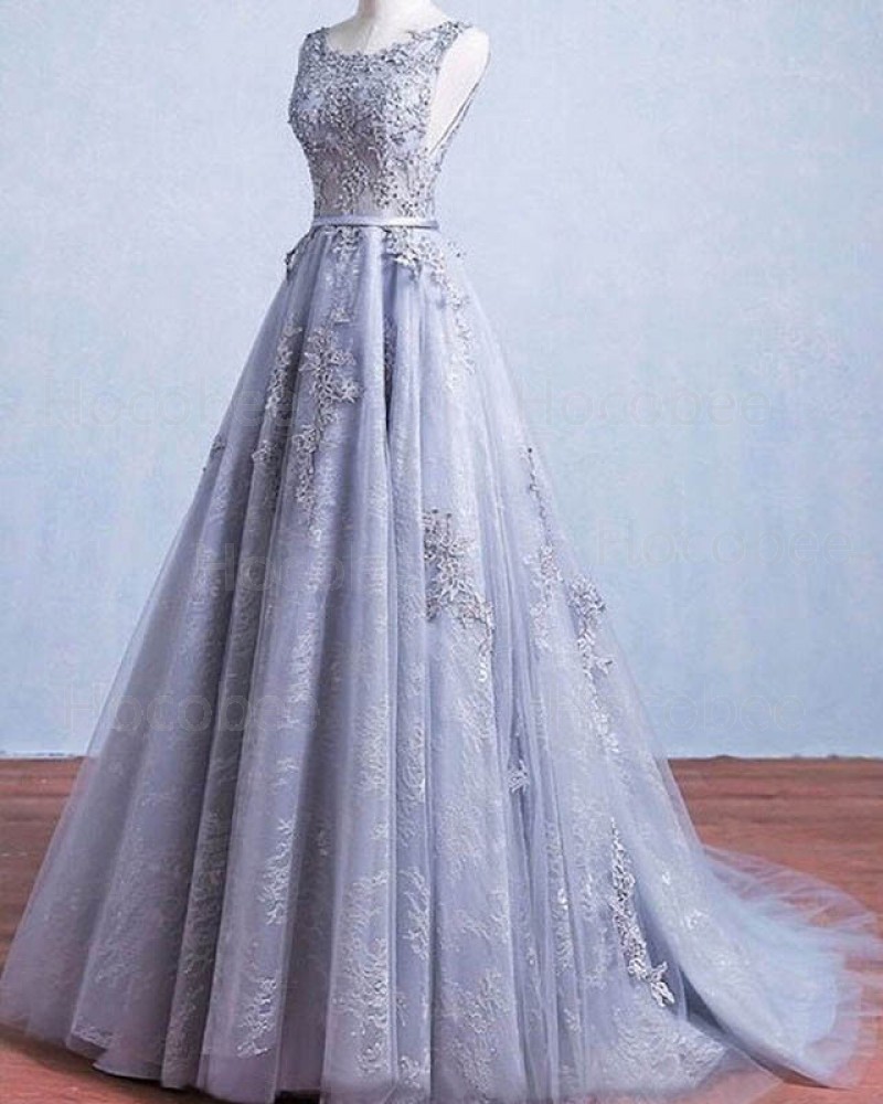 Lace Light Blue Scoop Neck Appliqued Pleated Wedding Dress WD2239
