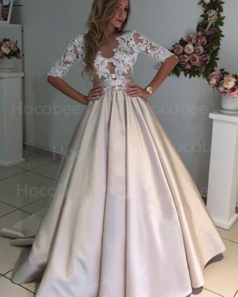 Satin Ivory Lace Bodice Sheer Wedding Dress with Half Length Sleeves WD2240