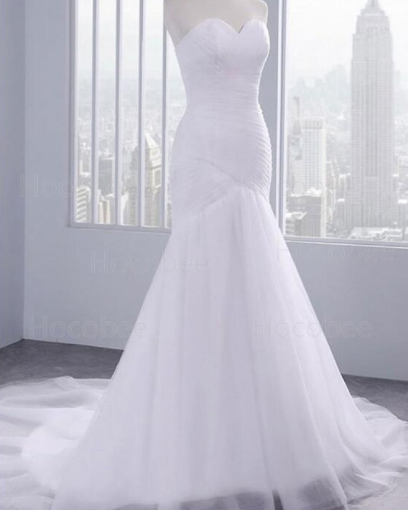 Mermaid Tulle Sweetheart Ruched White Wedding Dress WD2244