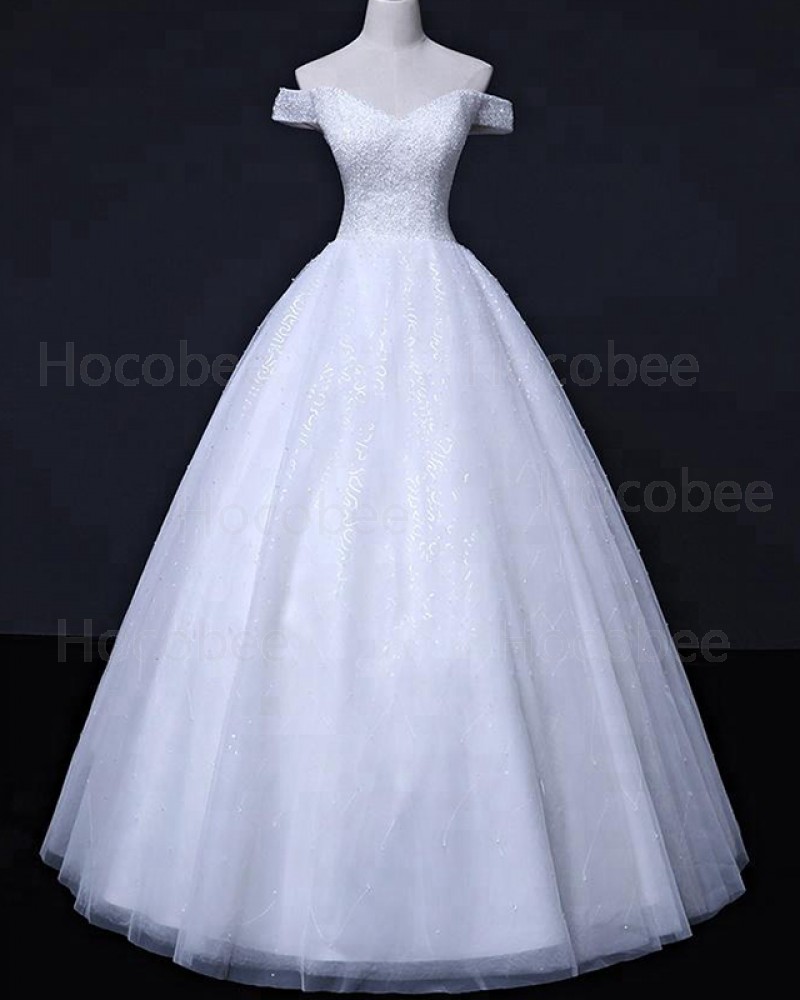 Sequin Off the Shoulder White Beading Wedding Gown WD2257