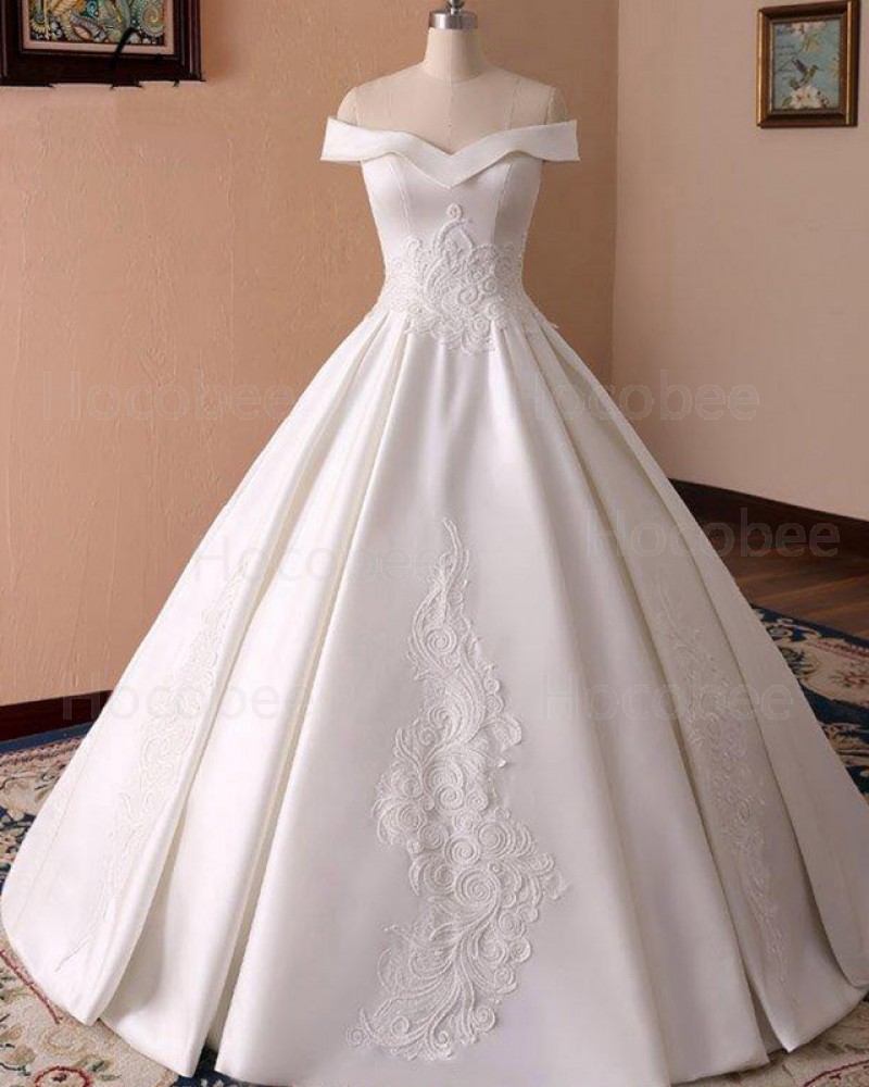 A-line Off the Shoulder Lace Applique Satin Fall Wedding Dress WD2264
