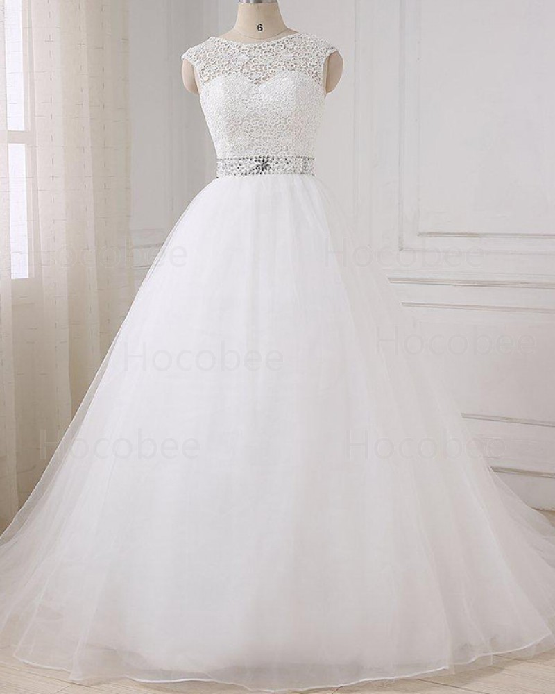Jewel Lace Bodice White Tulle Wedding Dress with Beading Belt WD2268