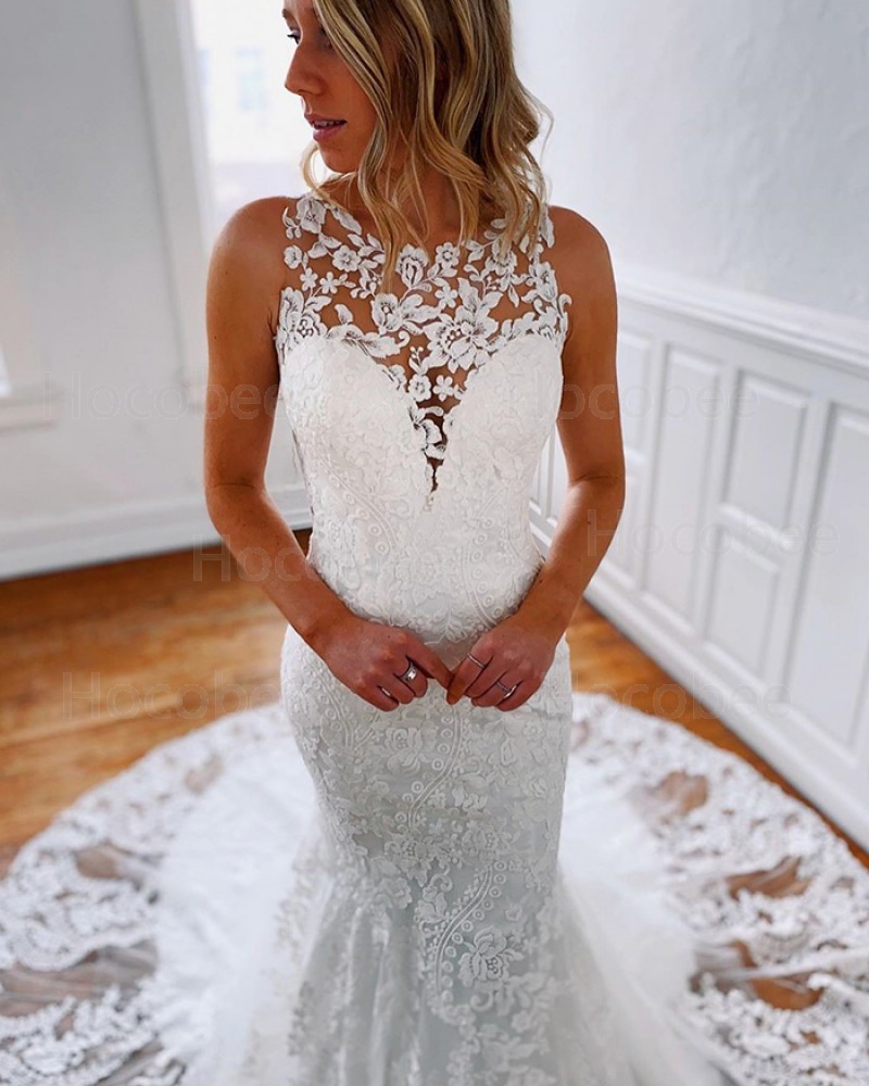 Lace Strapless Jewel Neckline Mermaid Wedding Dress WD2304