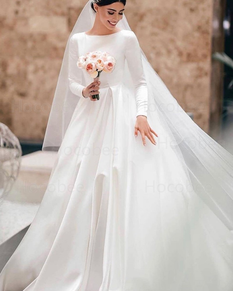 White Jewel Neck Satin Wedding Dress with Long Sleeves WD2306