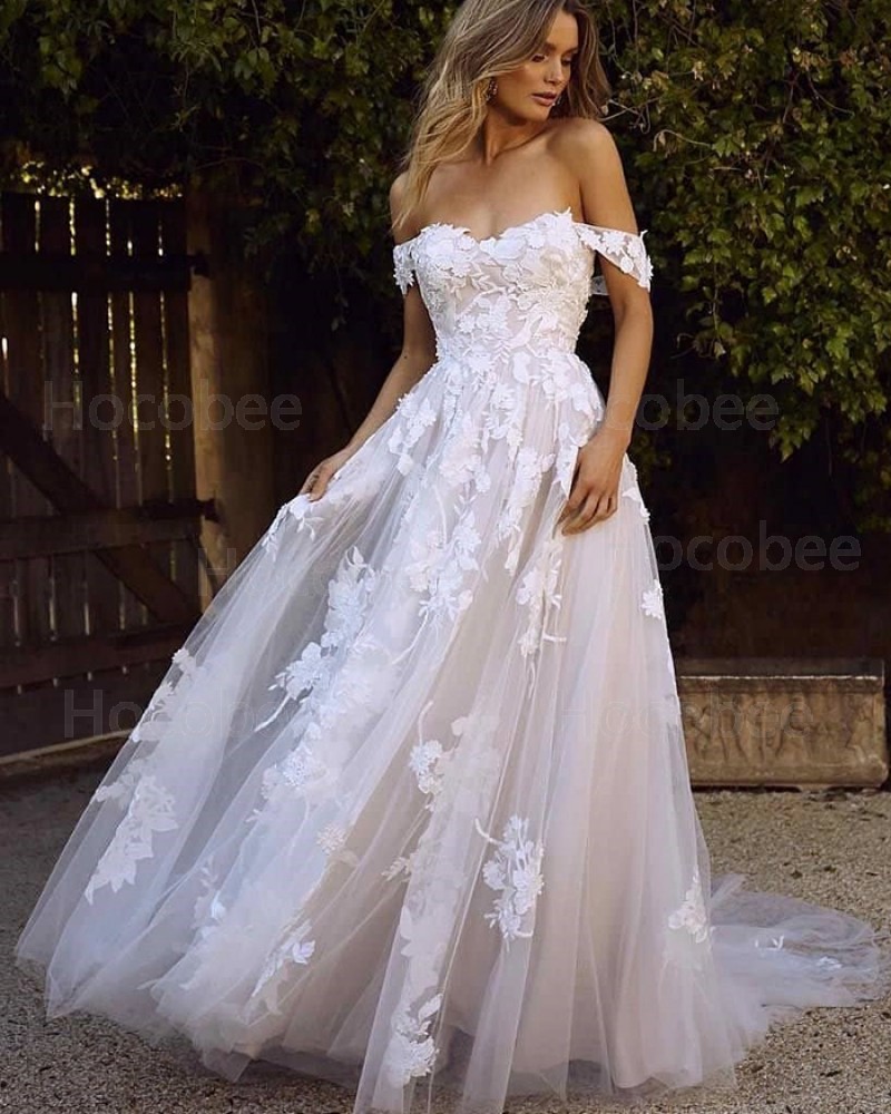 Lace Off the Shoulder Applique Wedding Dress WD2311