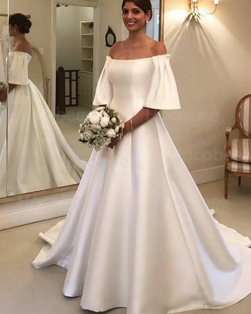 Satin A-line White Off the Shoulder Wedding Dress with Short Sleeves WD2324