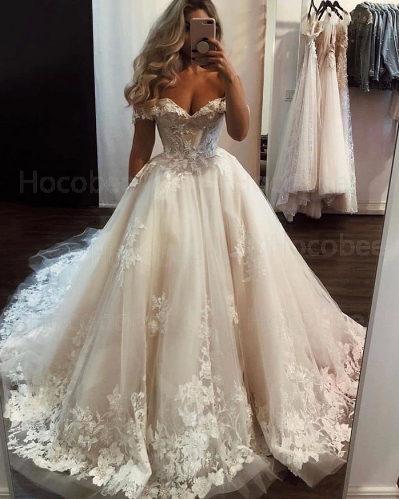 Tulle Ivory Lace Applique Off the Shoulder Wedding Dress WD2329